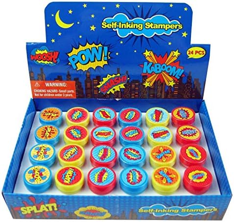 Tiny Mills 24 Pcs Superhero Assorted Stamps for Kids - Self Ink Stamps (12 Different Designs) - Superhero Birthday Party Favors, Goody Bag Filler Treats, Classroom Rewards