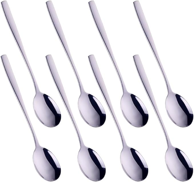 Metal Round Spoons, 8 inch Stainless Steel Reusable Long Handle Korean Soup Spoons, Table Dinner Desert Spoon Set of 8