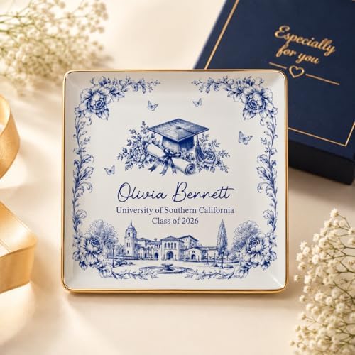 Wrappiness Personalized Graduation Trinket Tray for Girl Women - Toile de Jouy Custom College High School Ring Dish Grad Gift for Daughter, Class of 2026 Graduation Gift for Her Ceramic Jewelry Dish - Image 3