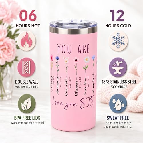 Sister Birthday Gifts, Sisters Gifts from Sister, 20 Oz Pink Floral Insulated Coffee Mug with Handle and Lid, Christmas Birthday Gift Tumbler for Sisters Adult, Big Sis Gift - Image 4
