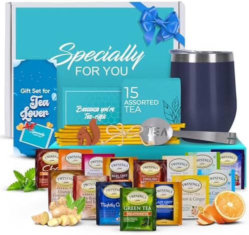 Tea Gift Sets for Tea Lovers Women and Men Tumbler 15 Unique Teas 10 Honey Straws (Decaffeinated) by ModernElegance