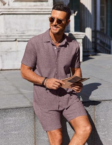 COOFANDY Men's Summer Beach Outfits 2 Piece Short Sleeve Shirts and Shorts Vacation Texture Linen Sets for Men - Image 5