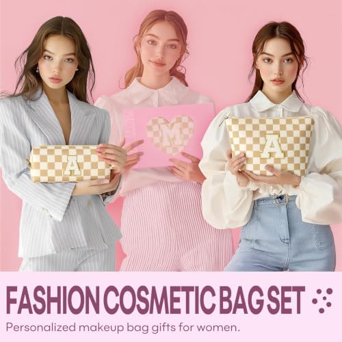 mibasies 2 PCS Initial Makeup Bags for Women: Cosmetic Bag for Travel Toiletry - Birthday Gifts for Teen Girl Gifts Trendy Stuff - Graduation Teacher Gift for Girlfriend -Checkered Brown J - Image 5
