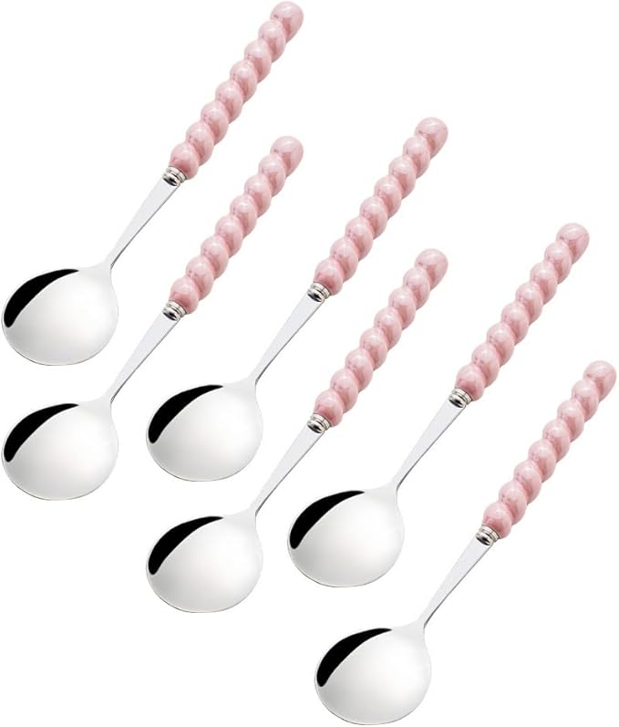 (6 Pieces) 7.48 Inch Exquisite Ceramic Spoon Household Stainless Steel Eating and Drinking Soup Spoon Coffee Spoon Tea Spoon (Pink)