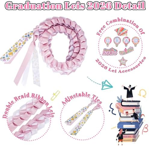 Class of 2026 Graduation Leis,Pink & White Graduation Ribbon Necklace Lei with DIY Accessories Pins,Graduation Gift for Her Him Girl - Image 5