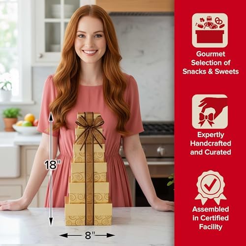 Broadway Basketeers Glittering Gold Gift Tower with Cookies Snacks & Treats - Image 6