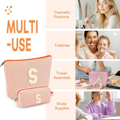 2 PCS Initial Makeup Bags for Women: Cosmetic Bag for Travel Toiletry - Birthday Gifts for 11 12 13 14 15 16 17 18 Years Old Girl Graduation Teacher Gift- Teen Girl Gifts Trendy Stuff - Orange S - Image 4