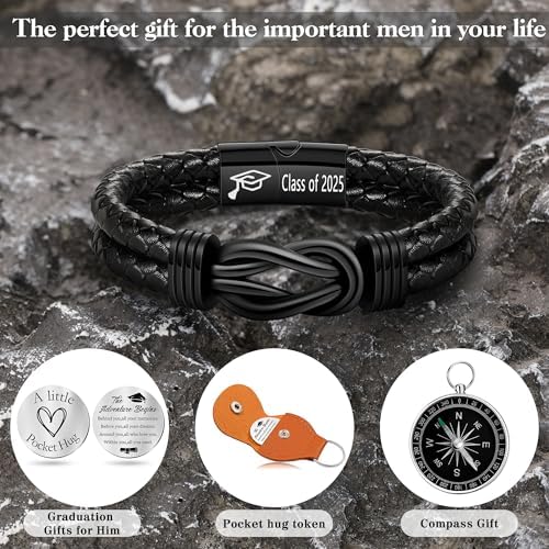 Graduation Gifts for Him, 2025 High School Graduation Gifts Class of 2025 Teen Gift Trendy Stuff Leather Bracelet for Men with Pocket Hug Token Compass College Middle 5th 8th Grade Masters Degree Graduate Knot Jewelry for Son Grandson Boyfriend - Image 6