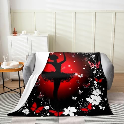 Erosebridal Ballet Flannel Blanket Baby 30x40 Inch Butterfly Fleece Blanket Dancers Silhouette Flowers Fuzzy Plush Throw Red Black Girls Lace Living Room Decor - Image 2