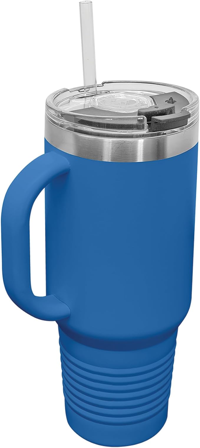 LaserGram 40oz Vacuum Insulated Travel Mug with Handle, Bronco Rider, Personalized Engraving Included (Dark Blue)