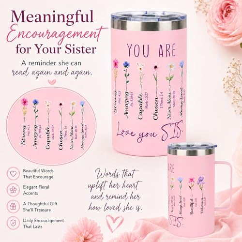 Sister Birthday Gifts, Sisters Gifts from Sister, 20 Oz Pink Floral Insulated Coffee Mug with Handle and Lid, Christmas Birthday Gift Tumbler for Sisters Adult, Big Sis Gift - Image 2