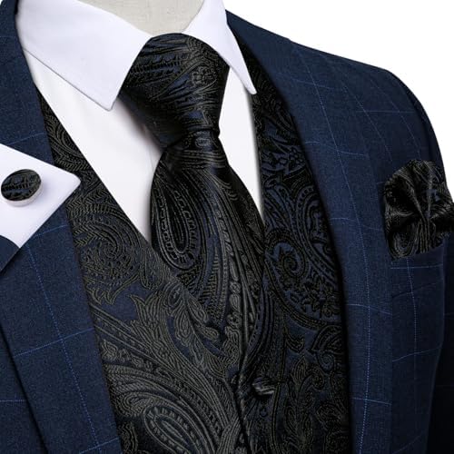 DiBanGu Mens Vest and Tie Set Formal Paisley Waistcoat and Necktie Pocket Square Cufflinks Silk Suit Vest for Tuxedo Wedding - Image 3