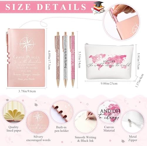 Domensi 6 Pcs Class of 2026 Graduation Gift for Her 16oz Glass Cup Makeup Bag Compass Journal Ballpoint Pens Inspirational Graduation Gift Set for College High School Daughter Sister Friend(Pink) - Image 3