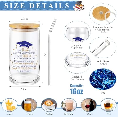 Domensi 6 Pcs Class of 2026 Graduation Gift for Her 16oz Glass Cup Makeup Bag Compass Journal Ballpoint Pens Inspirational Graduation Gift Set for College High School Daughter Sister Friend(Blue) - Image 2