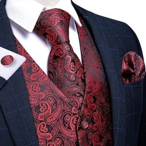 DiBanGu Mens Vest and Tie Set Formal Paisley Waistcoat and Necktie Pocket Square Cufflinks Silk Suit Vest for Tuxedo Wedding - Image 4