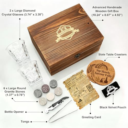 Whiskey Stones Gift Set, 2 Large Crystal Whiskey Glasses in Wood Gifts Box - Image 2