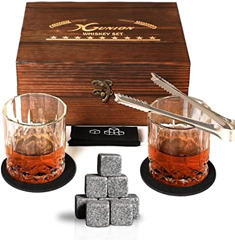 Xgunion Whiskey Stones Gift Set 2 Glasses 8 Granite Rocks with Tongs by XGUNION