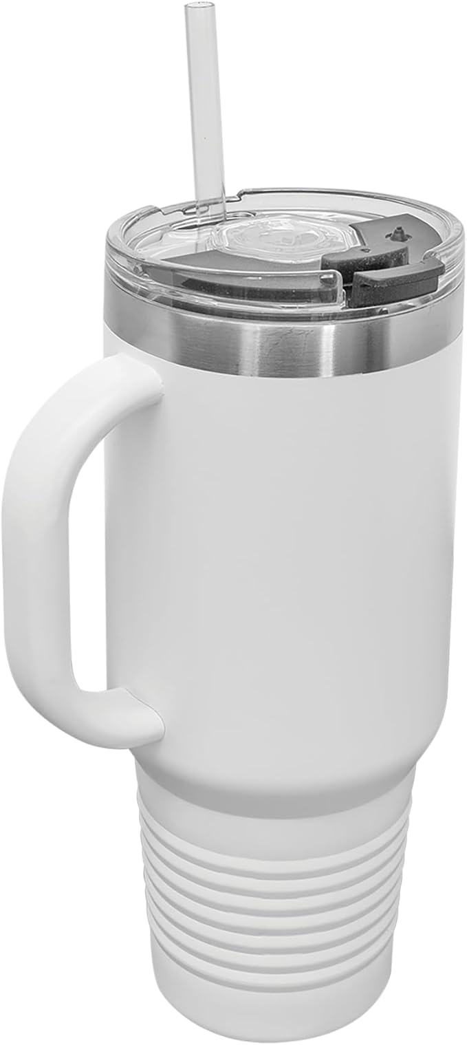 LaserGram 40oz Vacuum Insulated Travel Mug with Handle, Cup Cake, Personalized Engraving Included (White)