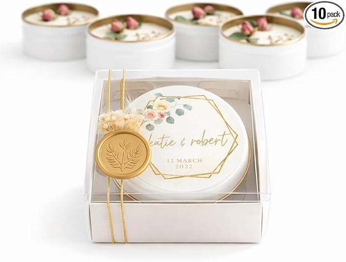 Wedding Candle Favor Set with Gift Box – Personalized Soy Wax Candles with Gold Seal & Gold String, Dried Flowers
