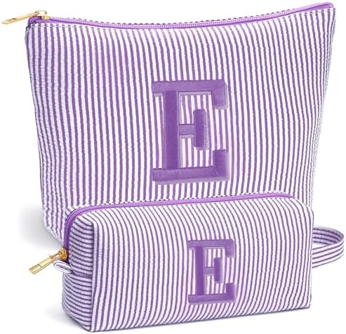 Initial Makeup Bag Set - Cute Purple Stuff for Women, Personalized Makeup Pouch Cosmetic Bag, Travel Essentials Toiletry Bag, Birthday Christmas Gifts for Women, Purple Letter E by Fohufo
