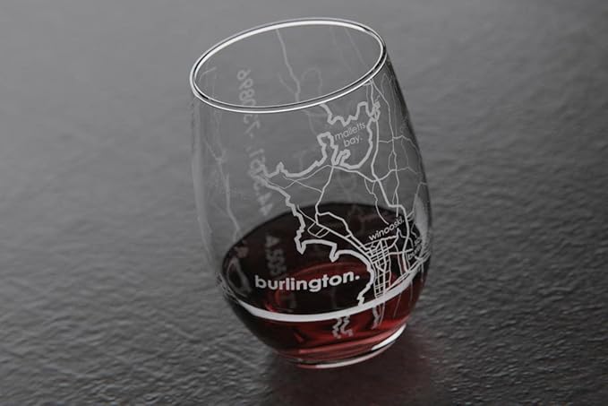 Well Told Engraved Burlington Vermont Map Stemless Wine Glass, Etched Glass (15 oz, Clear) City Custom Gifts for Lovers