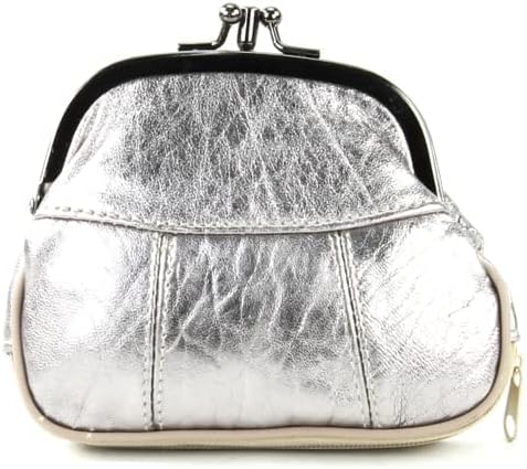 Leather Impressions Double Coin Purse for Women - Genuine Leather Coin Purse with Twist Clasp, 1 zipper pocket, 2 pack lightweight - Timeless clean stitched Small Coin Purse (Silver)