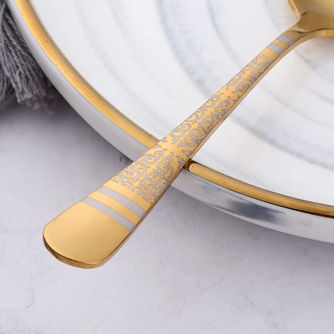 Gold Unique Pattern Design Coffee Espresso Spoons Mini, Mingcheng Stainless Steel Small Teaspoons Silverware Set of 12, BISDARUN 5.5 Inches Food Spoons for Demitasse Dessert Tea
