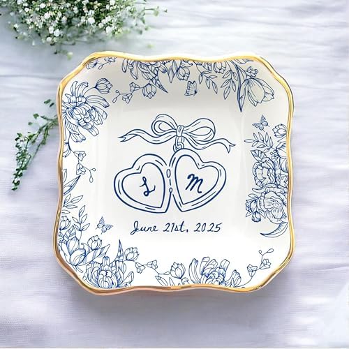 LOVELYPOD Personalized Floral Engagement Trinket Tray, Custom Couple Name Jewelry Dish, Personalized Wedding Gift for Couple, Bridal Shower Gifts, Sentimental Gift for Bride, 02 by LOVELYPOD