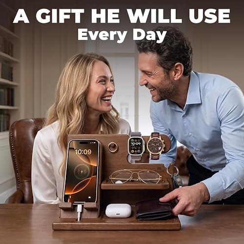 TESLYAR Wood Phone Docking Station for Men - Desk or Nightstand Organizer - Birthday Gifts for Husband or Dad - Anniversary Idea from Wife - Key Holder, Stand Wallet, Watch & Essentials (Earth Beige) - Image 2