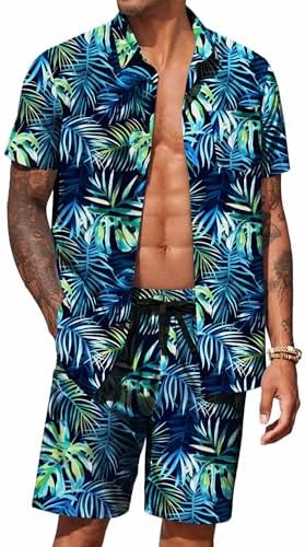 COOFANDY Men's Hawaiian 2 Piece Outfits Floral Button Down Shirt and Shorts Vacation Outfits Summer Beach Matching Set by COOFANDY