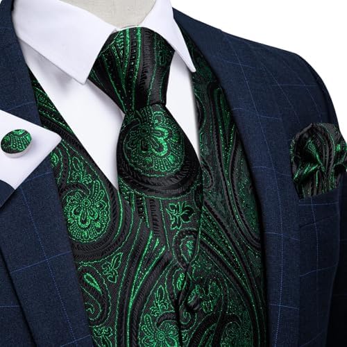 DiBanGu Mens Vest and Tie Set Formal Paisley Waistcoat and Necktie Pocket Square Cufflinks Silk Suit Vest for Tuxedo Wedding - Image 3