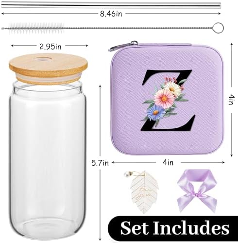 AYGXU Glass Cups with Lids and Straws, Tumblers with Brushes, Small Jewelry Organizer Box, Birthday or Graduation Gifts for Women, Travel Gifts, Initial Z Purple - Image 2