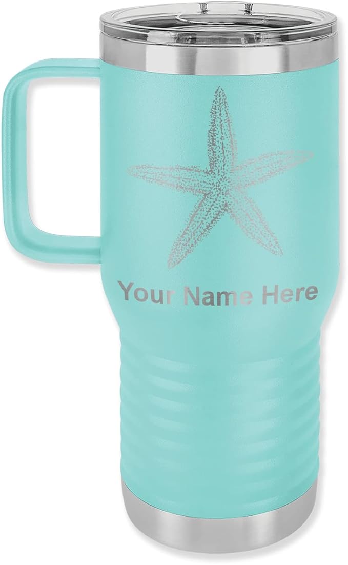 LaserGram 20oz Vacuum Insulated Travel Mug with Handle, Starfish, Personalized Engraving Included (Teal)
