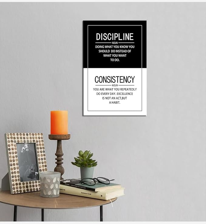 Discipline Consistency Noun Quote Motivational Wall Art for Office Inspiration Positive Poster Inspirational Canvas Painting Prints Wall for Living Room Home Decor Framed Artwork [12''W x 18''H]
