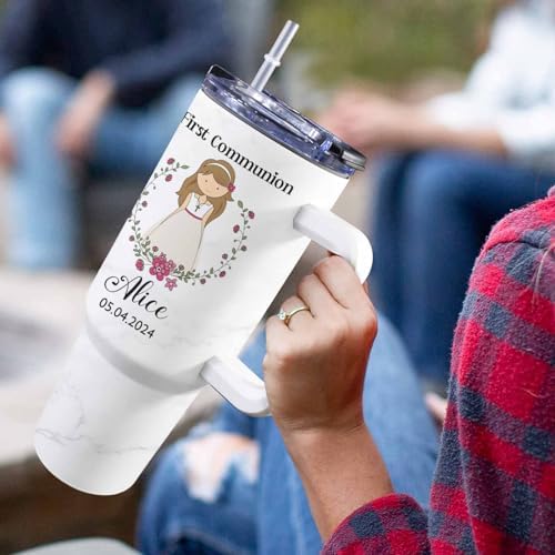 First Communion Gifts for Girls - Personalized 1st Holy Communion Tumblers with Handle and Straw, Custom First Holy Communion Coffee Tumbler with Name & Date, Baptism Gifts for Girls Daughters - Image 5