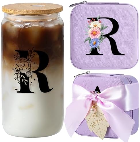 AYGXU Travel Must Have Jewelry Box with Bamboo Lids, Small Travel Case, Birthday Gift for Mom, Initial R Purple by AYGXU