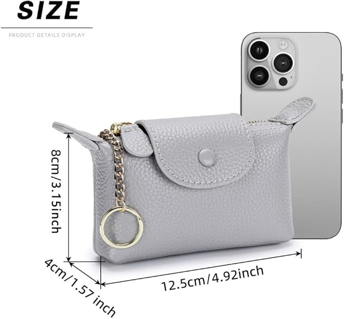 Genuine Leather Wallet Zipper Coin Purse Key Ring Card Organizer Compact Storage for Women (Grey)