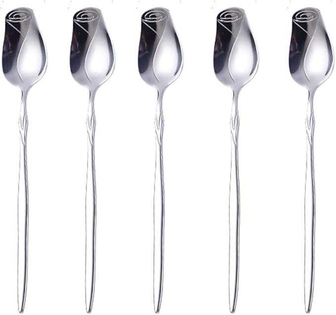 Stainless Steel Spoon Set 5 Pack - Rose Flower & Holiday Shaped Spoons (Coffee, Dessert, Ice Cream, Tea) - Silver
