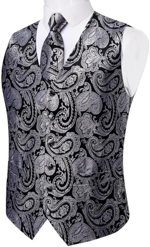 DiBanGu Mens Vest and Tie Set Formal Paisley Waistcoat and Necktie Pocket Square Cufflinks Silk Suit Vest for Tuxedo Wedding - Image 2