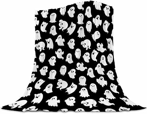 Halloween Throw Blankets Funny Ghost Cute Halloween Spooky Black and White Throw Blanket Lightweight Cozy Flannel Blanket for Couch Sofa Bed Home Decorations 60"X50" by ubnlkto