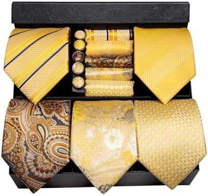 Hi-Tie Lot 5 Pcs Gift Box Mens Tie Set Necktie with Pocket Square Cufflinks Silk Neck Tie Collection by Hi-Tie