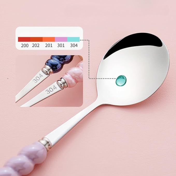 (6 Pieces) 7.48 Inch Exquisite Ceramic Spoon Household Stainless Steel Eating and Drinking Soup Spoon Coffee Spoon Tea Spoon (Purple)