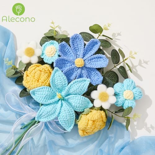 Alecono Blue and Yellow Crochet Flower Bouquet Handmade Knitted Lily Floral - Image 5