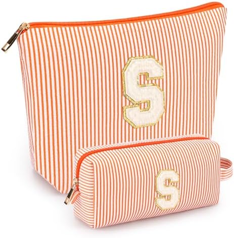 2 PCS Initial Makeup Bags for Women: Cosmetic Bag for Travel Toiletry - Birthday Gifts for 11 12 13 14 15 16 17 18 Years Old Girl Graduation Teacher Gift- Teen Girl Gifts Trendy Stuff - Orange S by mibasies