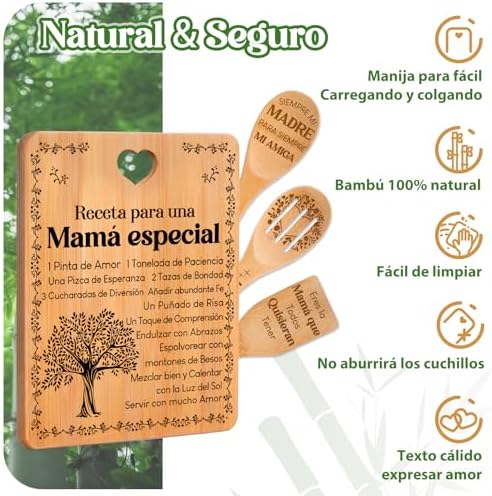 Regalos de cumpleaños para mamá - "Receta para una mamá especial". Juego de tablas de cortar y utensilios de bambú grabados. Regalos de cumpleaños para mamá. Spanish Mom Cutting Board - Image 5