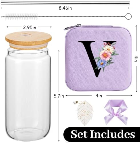 AYGXU Initial glass cup with bamboo lid and Straw,Small Jewelry Box for Girls,Small Jewelry Organizer Box,Cute Tumbler Cup,Travel Gifts for Women,Travel Essentials, Initial V purple - Image 2