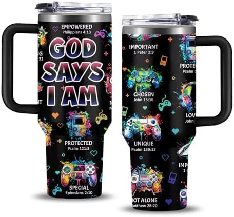 Christian Gamer Gifts, 40 Oz God Says I Am Tumbler With Handle, Christian Gifts for Men/Boys, Inspirational Religious Birthday Gift for Game Lover Bible Verse Cup, Gaming Gift For Gamer Tumbler by NIAXAUYT