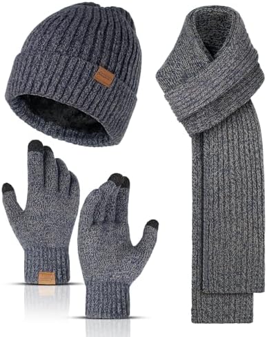 Winter Beanie Hats Long Neck Scarf for Men and Touchscreen Gloves 3PCS Set by HONNESSERRY