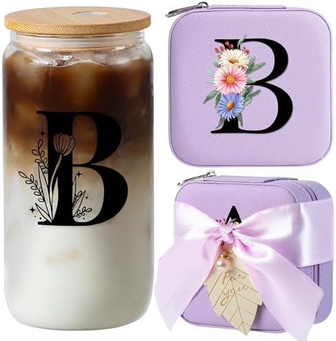 AYGXU Travel Must-Have Gifts,travel jewelry case organizer,small jewelry travel case,Cute Tumbler Cup,16oz bamboo lids for glass cups,teacher appreciation gifts for women,Initial B purple by AYGXU