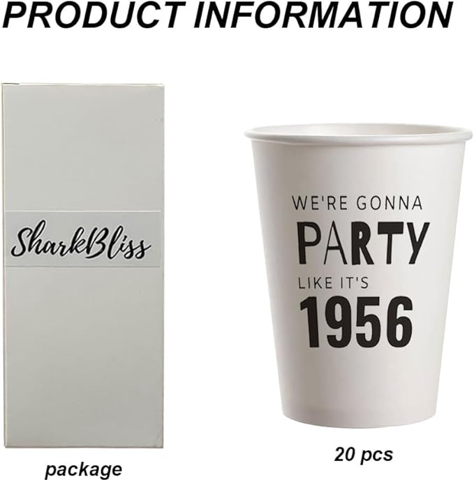 SharkBliss 1956 70th Birthday Party Cups 9oz Black 20 Pack for Him Her – Party Like It's 1956